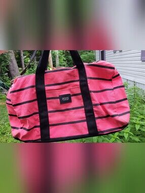 Victoria's Secret Pink Duffel Bag Weekender Black Stripes Logo Barbiecore Gym